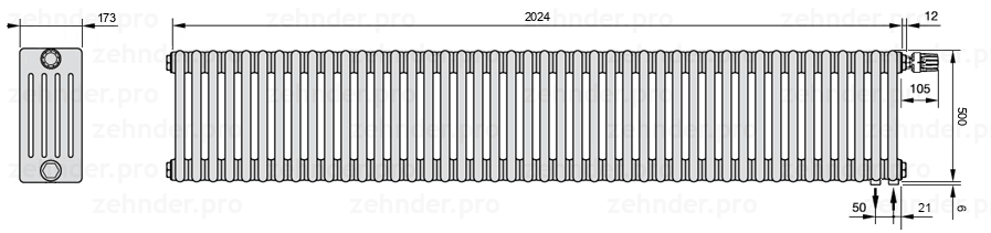 Схема (чертеж) Радиатор Zehnder Charleston 5050/44 №V002 Белый глянцевый RAL 9016